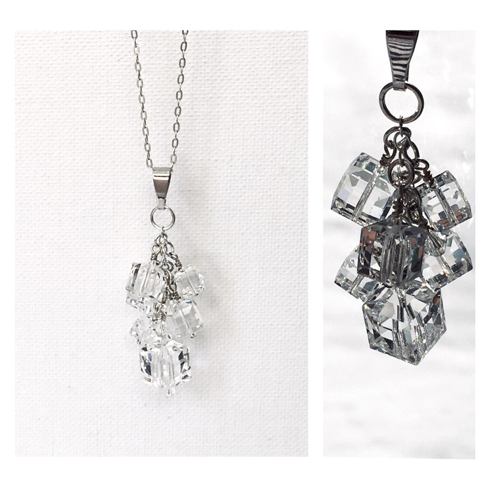 Sterling Silver 925 Chain Cluster Cube Crystal Pendant Necklace